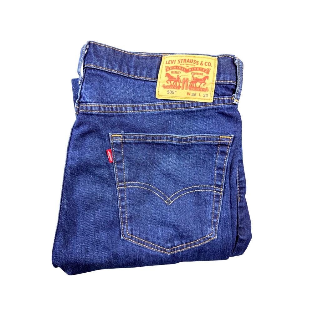 Levis 505 Regular Fit Straight Leg Blue Denim Jeans Mens 36x30 Dark Wash